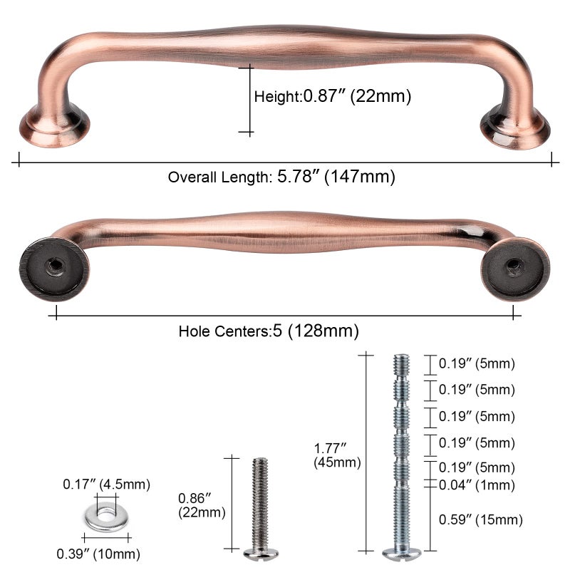 WEAVERBIRD 6 Pack Cabinet Handles Red Copper 5" Hardware Pull Handles, Antique Dresser Drawer Pulls Furniture Drawer Pulls - Image 2